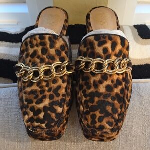 Vince Camuto Leopard Print Mules with Gold Chain